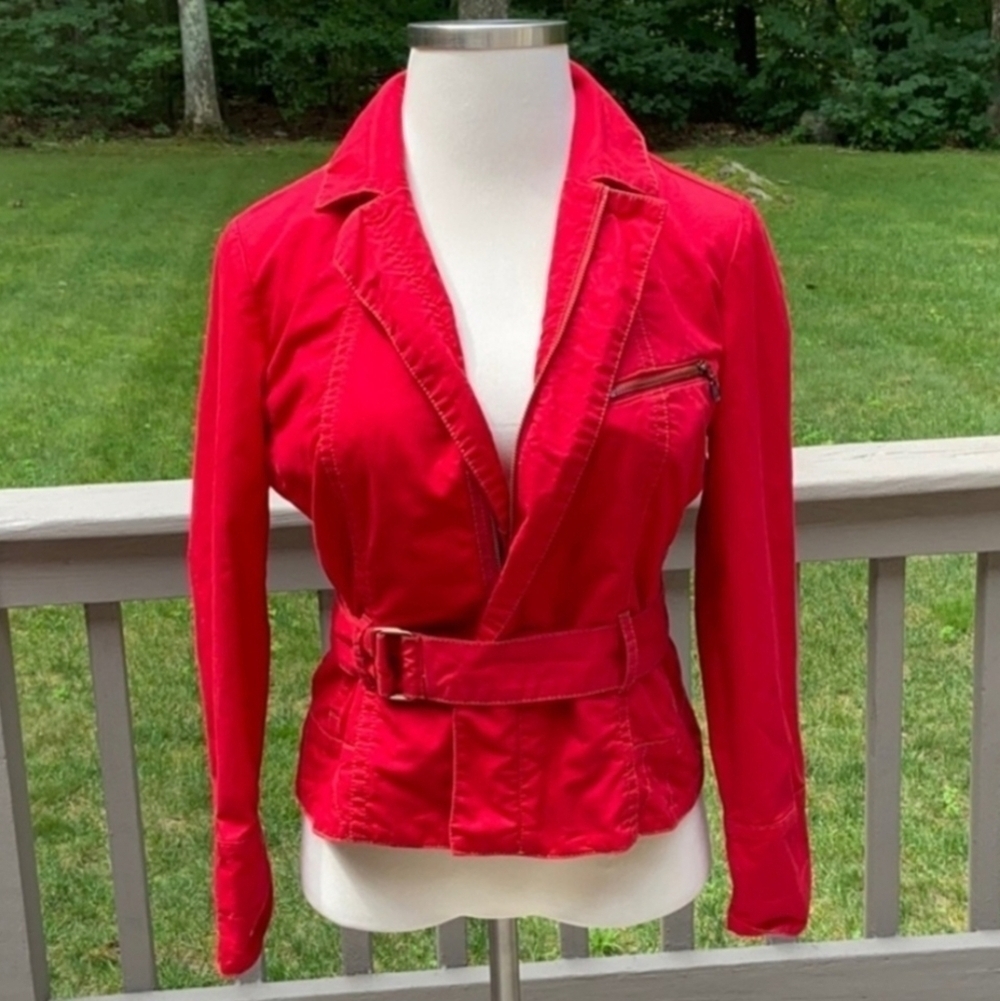 CAbi First Mate 100% Cotton Red Belted Zipper Pockets Jacket Women's Small S EUC